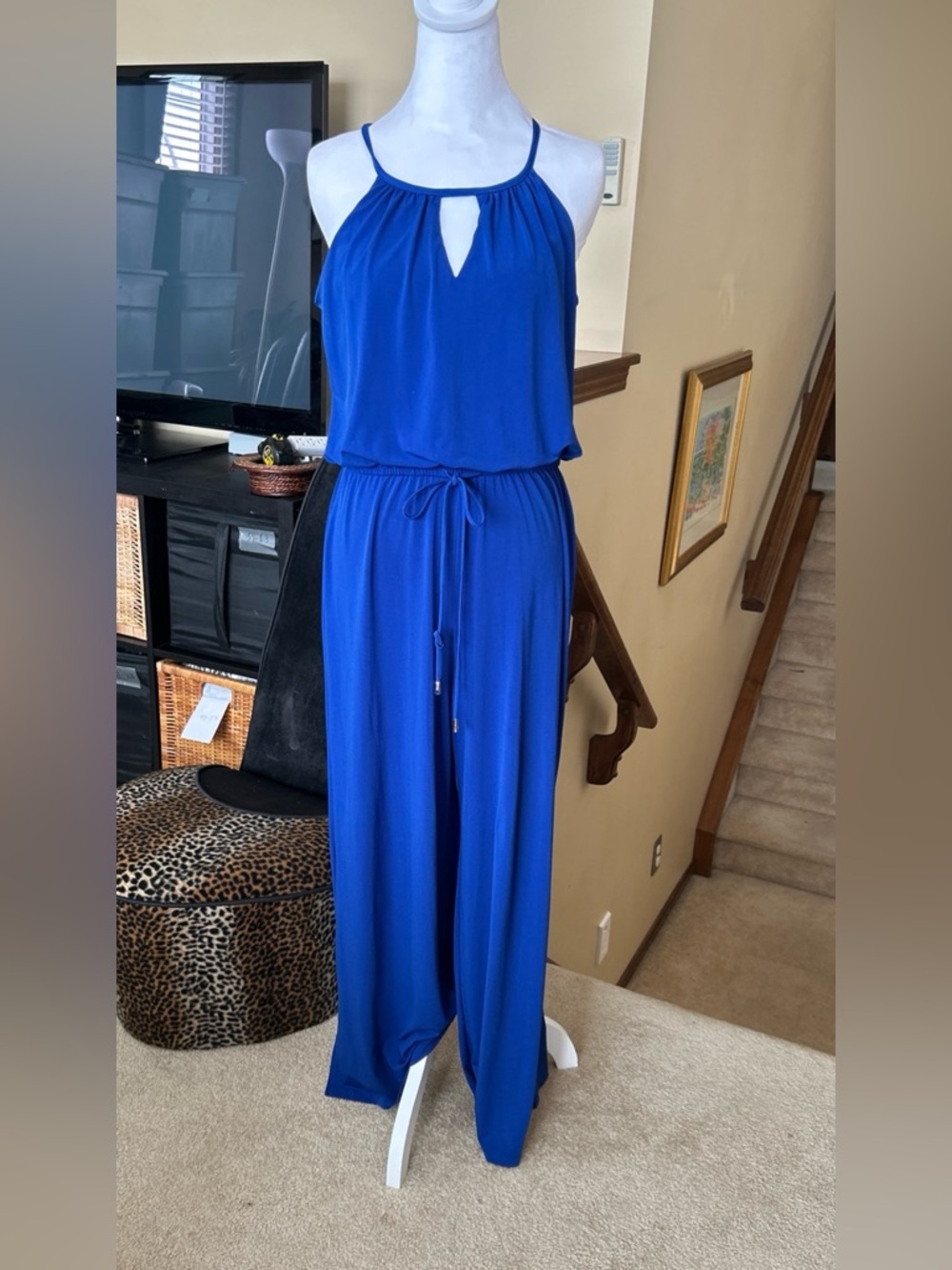 Sleeveless Royal Blue Keyhole wide Leg Jumpsuit with Drawstring Waist